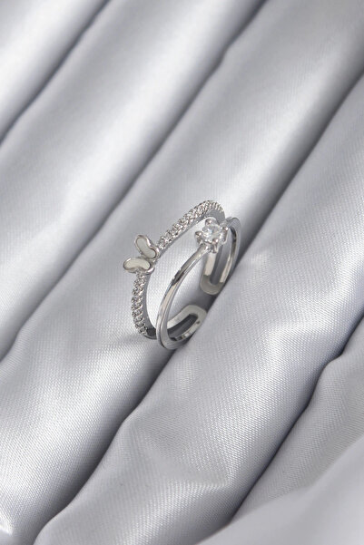 shopwave خاتم نسائي نحاسي فضي اللون بحجر الزركون على شكل فراشة