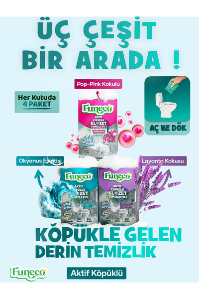 FUNECO Klozet WC Temizleyici Set, Her Kutuda 4 Paket, Lavanta, Okyanus, Pop P...