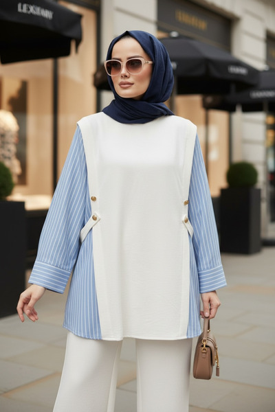 Aselim Hijap Moda طقم نسائي من ليورا مكون من قطعتين – قميص قطني بخيطين مع تفا...