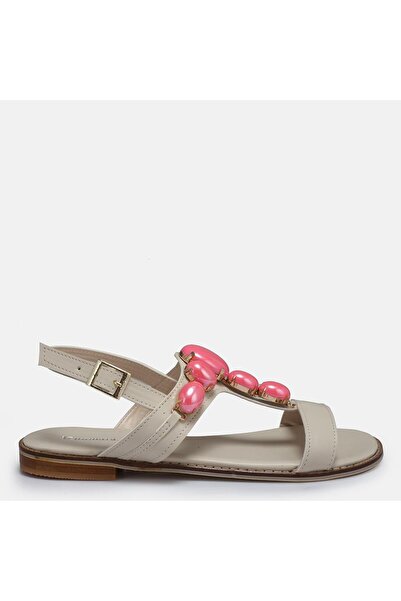 37Numara Beige Women's Sandals - Large Size, Pink Buckle, 41-44 Model