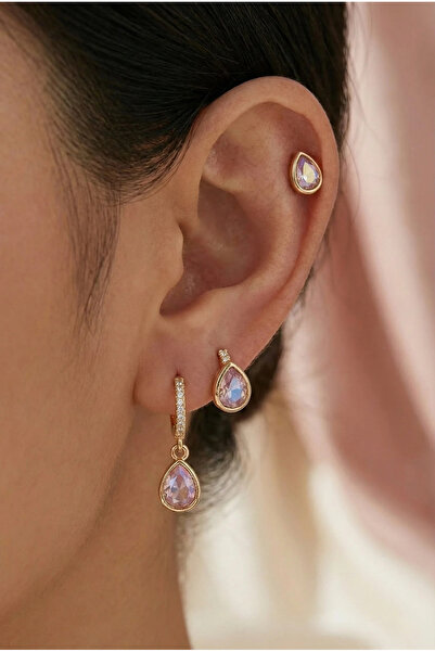 PRVT YSX 14K Altın Kaplama Ametist Renk Zirkon Taşlı Damla Form Sallantılı Küpe