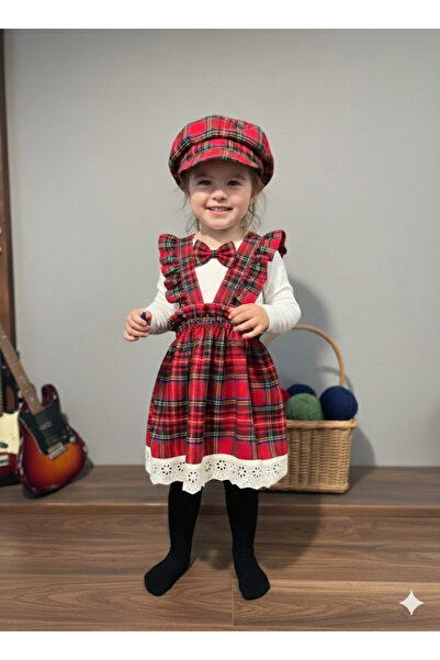 Nöşre Design Kız Çocuk Ekoseli Salopet Askılı Kırmızı Jile Elbise 3/4 Yaş ( 3...