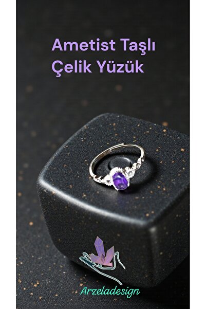 arzela Doğal Taş AMETİST Çelik Yüzük Ayarlanabilir Ebat