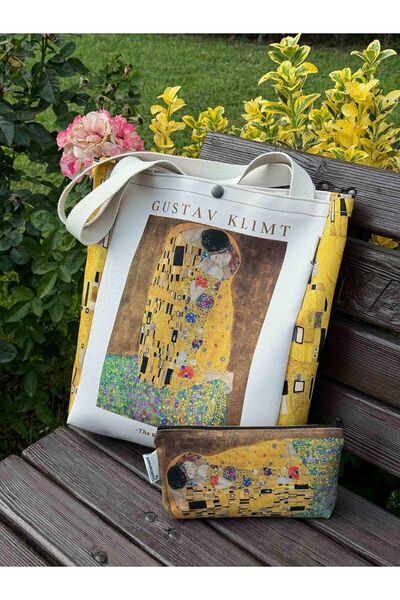 pamukcanta Gustav Klimt Kanvas Bez Çanta& Makyaj Çantası Yıkanabilir Metal Çı...