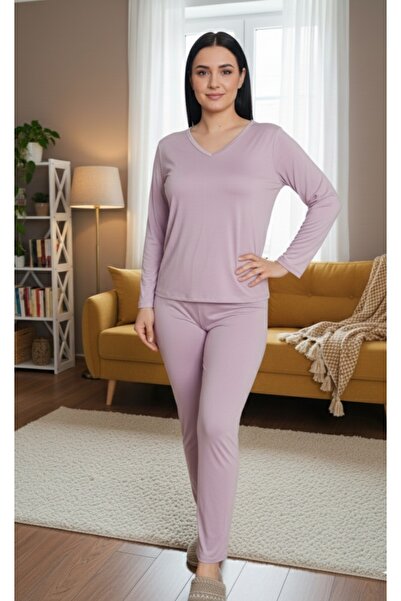 ÇAĞ MODA Viscose Stretch Fabric Knitted Pajama Set V-Neck Long Sleeve t Shirt...