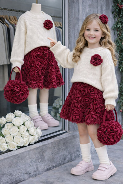 TREND NATURAL Girl's Knitwear Sweater and Rose Detailed Skirt with Buckle and...