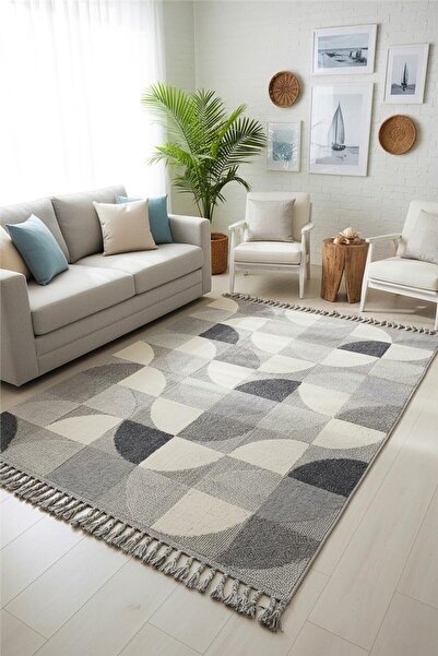 Çağ Halı Gri Geometrik Desen İskandinav Salon Halısı