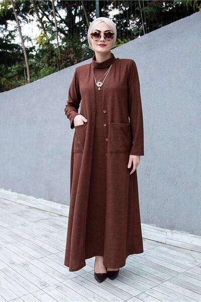 TRENDTESETTÜR KADIN KAHVE CEPLİ İKİLİ TRİKO ELBİSE 7608