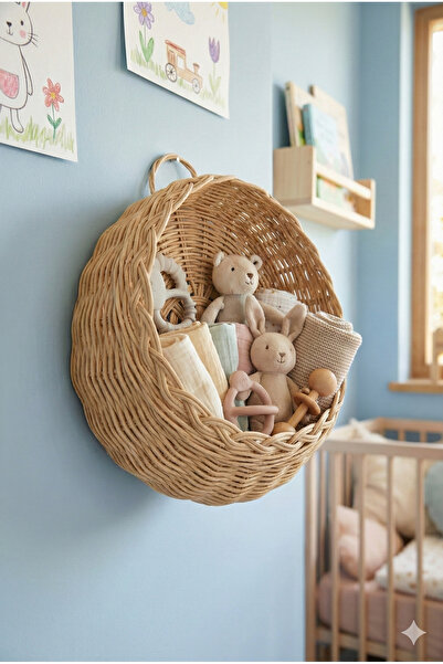 JUST BEST Rattan Bambu, Hasır Duvar Sepeti, Düzenleyici, Çocuk Odası Sepet