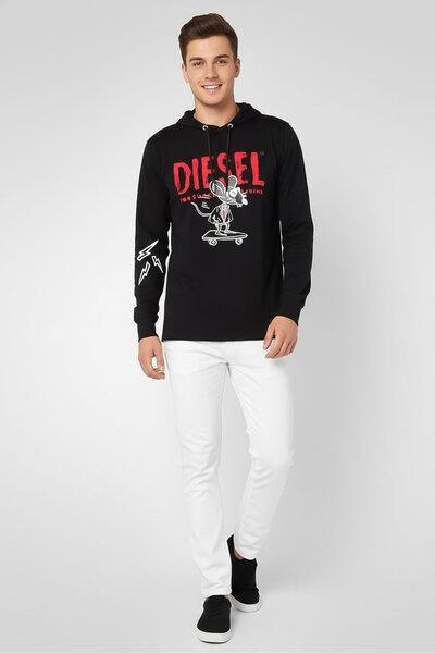 Diesel Men Drawstring Brand Logo Long Sleeve Hoodie, Black