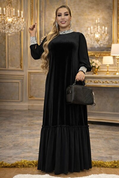 Yeşilmoda فستان مخملي نسائي بتفاصيل حجرية، فستان أسود مخملي بحزام وتصميم جرس ...