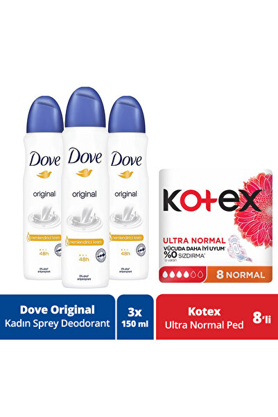 Dove Kadın Sprey Deodorant Original 150 Ml X3 + Kotex Ped Ultra Normal 8'li