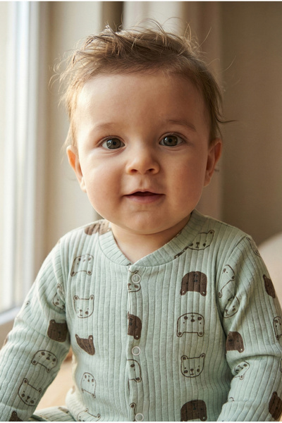 Noone Ribbed Cotton, White Teddy Bear Patterned Baby Romper – 9 Months