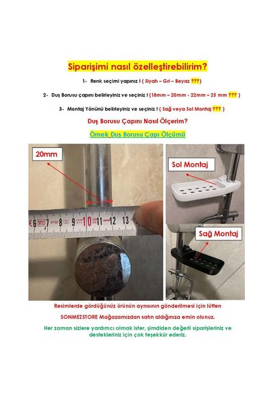 SONMEZSTORE DUŞ RAYI, DUŞ BORUSU SABUNLUĞU, BANYO SABUNLUĞU, DUŞAKABİN-BANYO RAFI-22mm BORU ÇAPI-SOL MONTAJ