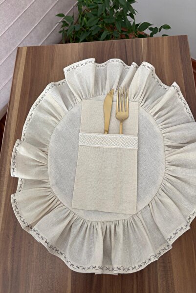 zarafet concept Gri Nakışlı 6Lı Ham Keten Yuvarlak Fırfır Detaylı Amerikan Se...