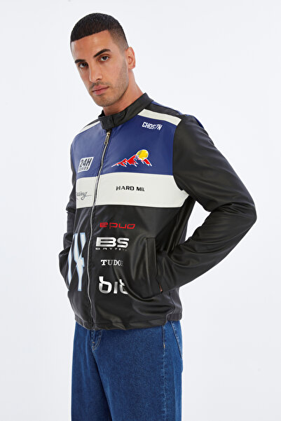 CHOS7N Jachetă de piele cu dungi supradimensionate pentru bărbați, cu guler d...