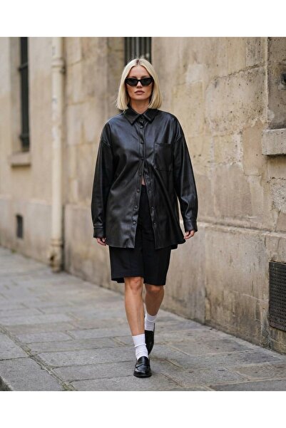 Grenj Fashion Cămașă oversize din piele neagră cu buzunar