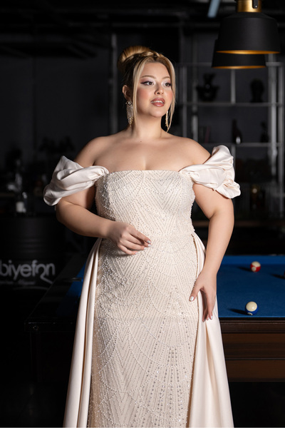 Abiyefon Bej Kayık Yaka Uzun Boncuklu Büyük Beden Abiye ABU5155