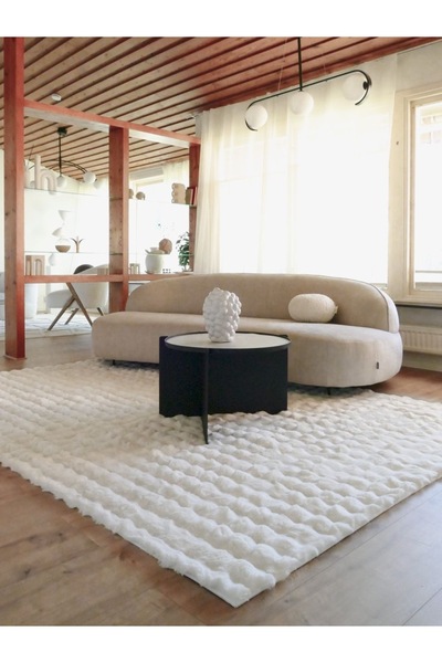 ECOSER Puffy Bubble Tavşan Tüyü Post Kaymaz Taban Yıkanabilir Beyaz Peluş Hal...