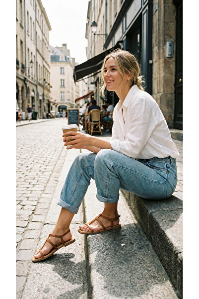 Ayakkabı Delisiyim Taba Kafes Kadın Sandalet – Deri, Hafif, Rahat, Kaymaz Tab...