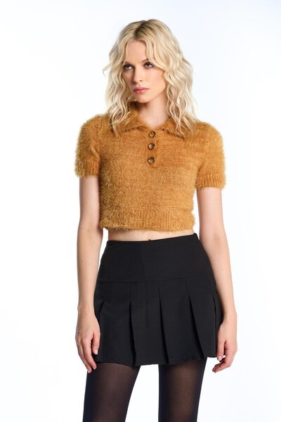 SHERIN Mustard Polo Neck Short Sleeve Knitwear Sweater