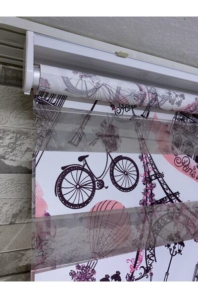 PERDECİNİZ Pembe Renk Paris Baskılı Zebra Perde (Etekli) ENXBOY