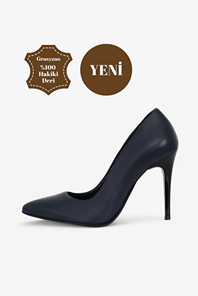 Grasyano Hakiki Deri Yüksek Stiletto Lacivert Kırılmaz Ökçe Yumuşak Deriden 1...
