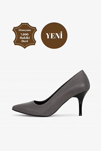 Grasyano Hakiki Deri Stiletto Antrasit Gri Sivri Burun Yumuşak Deri Sade Konf...