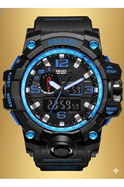 SMAEL ساعة يد رجالية تناظرية رقمية رياضية سوداء موضة تريند ساعة زرقاء 1545