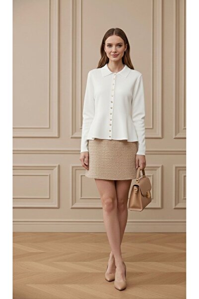 Maysev Peter Pan collar Slim Fit Long Sleeve Gold Buttoned Flounced Peplum He...