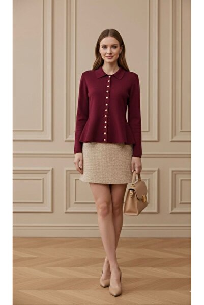 Maysev Peter Pan collar Slim Fit Long Sleeve Gold Buttoned Flounced Peplum He...