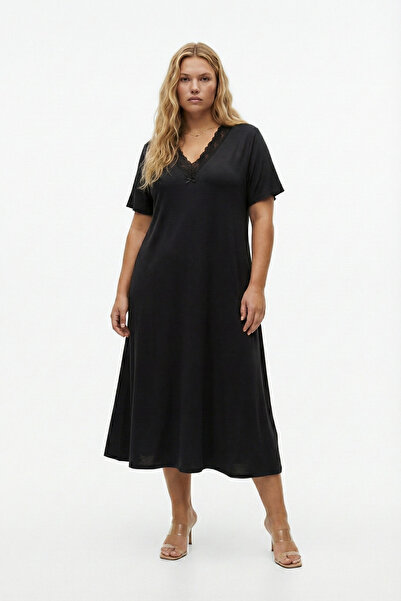 Talvien Bambu Kumaş Dantel Yaka Detaylı Battal Beden Kloş Elbise