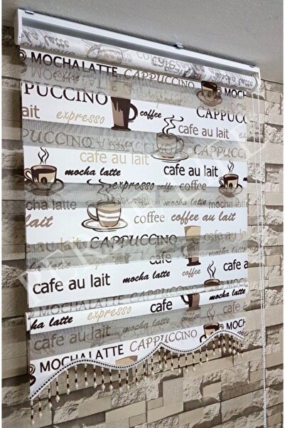 PERDECİNİZ Cappuccino Kahve Baskılı Zebra Perde (ETEK BONCUKLU) ENXBOY