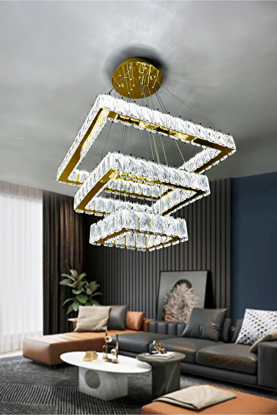 RSCOLLECTIONS Kare 3 Kat Kristal Taşlı Modern LED Avize – Salon & Oturma Odas...