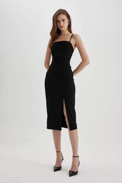 DeFacto Rochie midi cu fante cu bretele pătrate, cu ajustare dreaptă