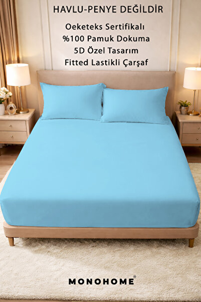 MonoHome 57 Strings Blue 100% Cotton Oeko-tex® Elastic Sheet - Made from Duve...