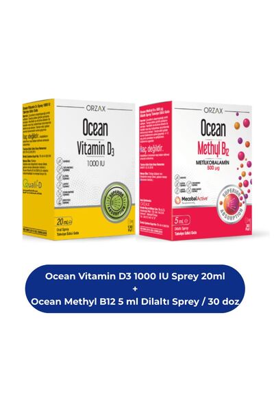 Orzax Ocean Vitamin D3 1000 IU Sprey 20ml ve Ocean Methyl B12 5 ml Dilaltı Sp...