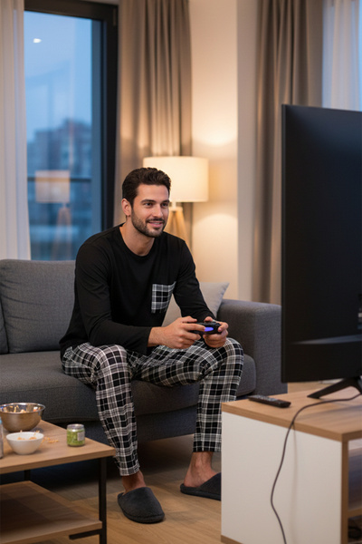 Buratti Set de pijamale cu buzunare în carouri, talie elastică, 100% bumbac, ...