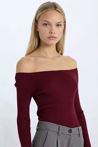 DeFacto Fitted Open Shoulder Basic Plain Burgundy Strickpullover E0314AX24WN
