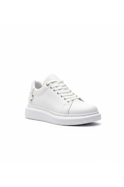 BESKAR White Skin Leather Thick Soled Men's Sneaker with Gold Detail - Breath...