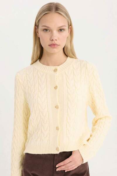 DeFacto Regular Fit Crew Neck Hair Braided Buttoned Knitwear Cardigan C9044Ax...