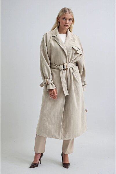 Lijuri Stone Collar Pocket Detailed Belted Cashmere Coat 7099 R10-F-K1
