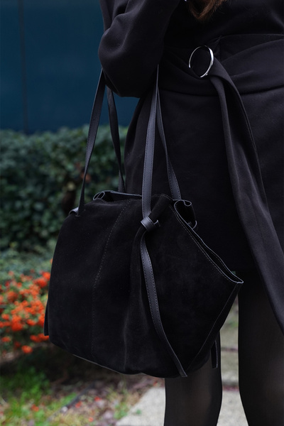 Marjin حقيبة يد وكتف نسائية من الجلد الطبيعي من يوريتا من جلد الغزال الأسود