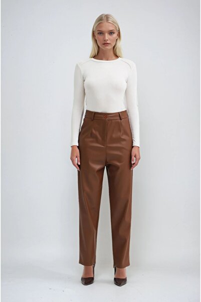 Lijuri Tan Leather Trousers with Zipper Detail at the Cuffs 0102 R5-G-K1