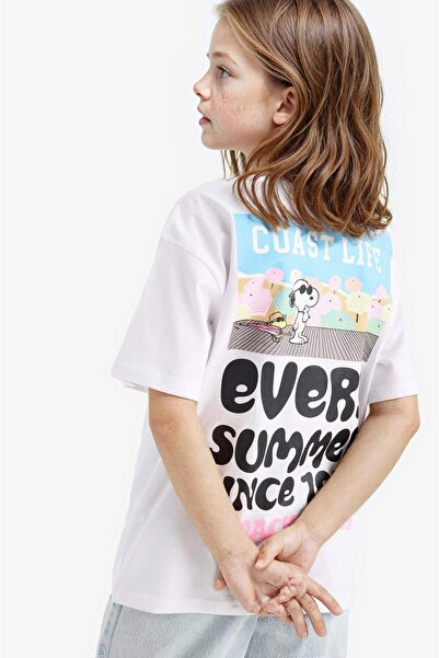 DeFacto Girl's Snoopy Oversize Wide Fit Crew Neck Back Printed Short Sleeve T...