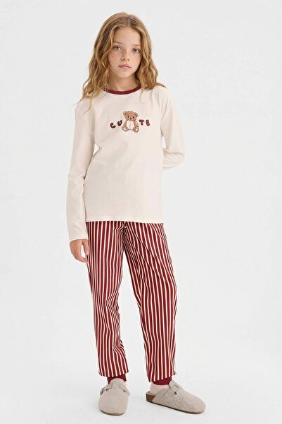 DeFacto Kız Çocuk Pijama Takımı Baskılı Uzun Kollu Üst Çizgili Uzun Alt F7289...