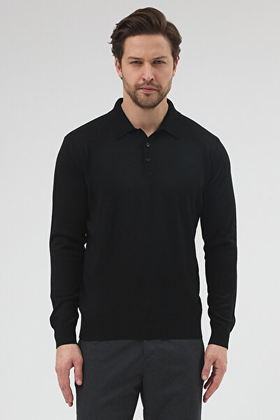 hateko Men's 50% Wool Black Polo Neck Knitwear