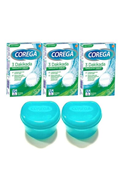 Corega Diş Protezi Temizleyici Tablet 30'lu 3 Kutu + Protez Saklama Kabı 2 Adet