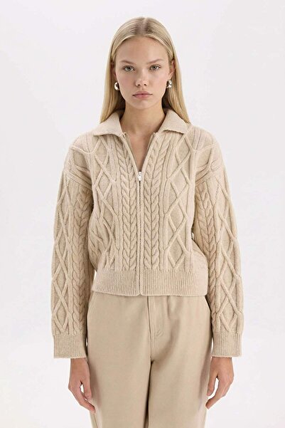 DeFacto Strickjacke mit normaler Passform, Polokragen und Reißverschluss D916...