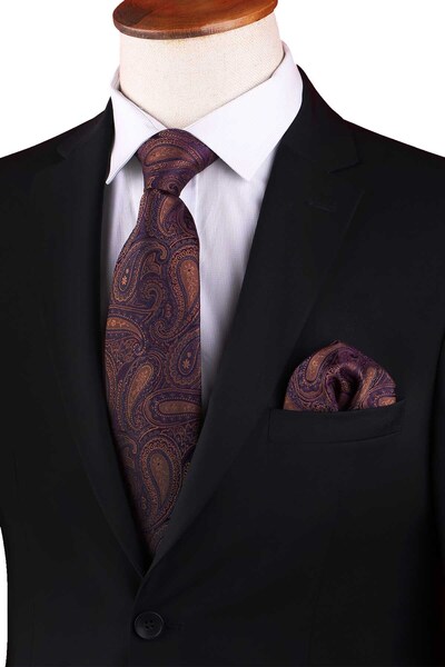 Kravatkolik Plum Paisley Pattern Classic Tie with Handkerchief Kk13127
